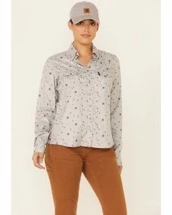 HOOey Women's Grey Star Print Habitat Sol Lightweight Long Sleeve Snap Western Core Shirt 
