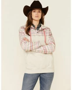 HOOey Women's Southwestern Print Button Down Hoodie Oatmeal