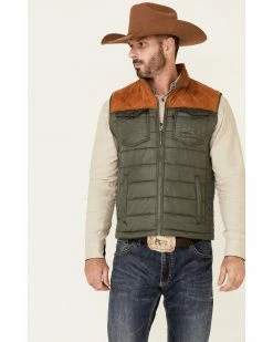 HOOey Men's Green & Tan Color-Block Packable Zip-Front Vest 