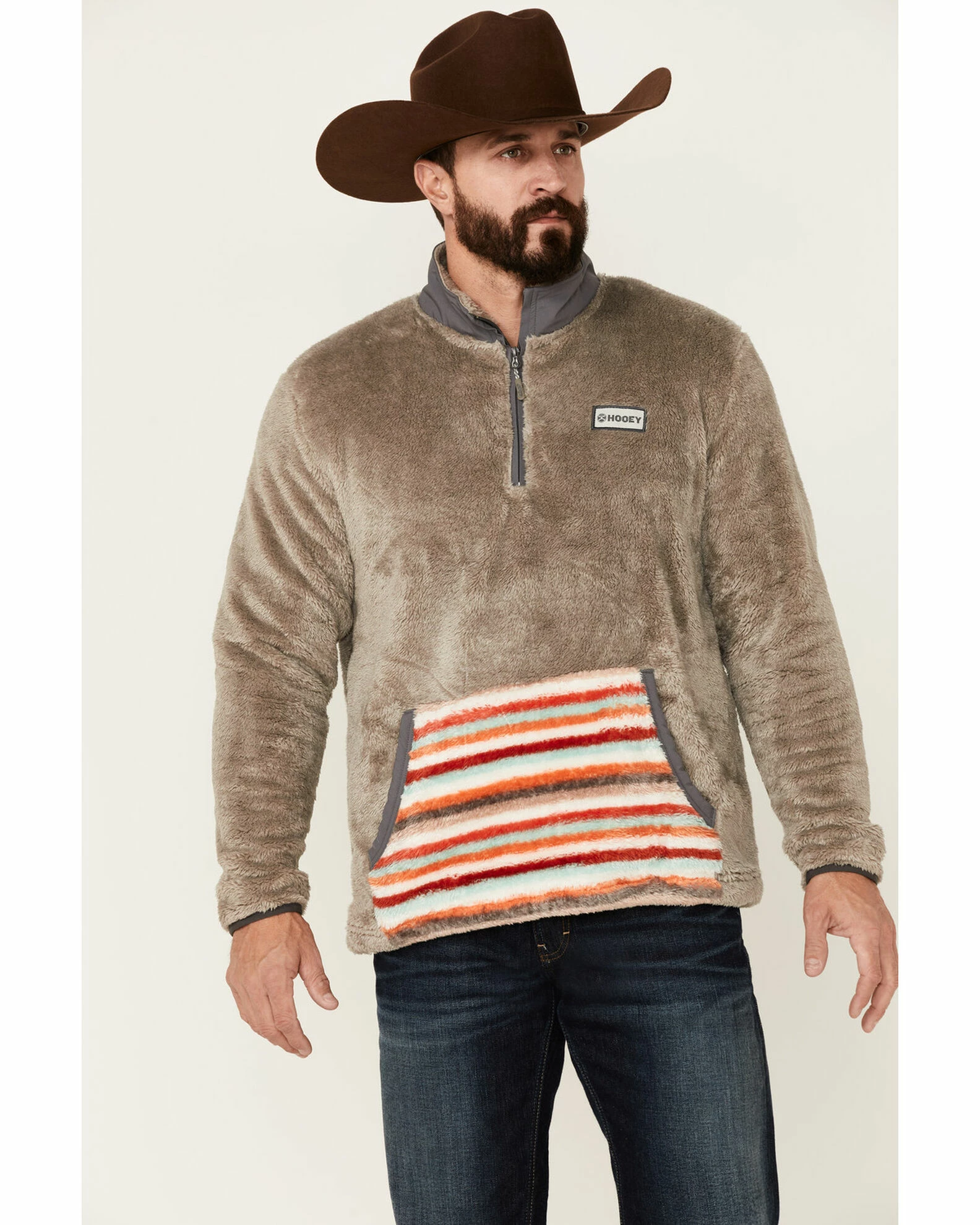 HOOey Men's Solid Brown Stripe Pocket 1/4 Zip Fleece Pullover - Big 3 HOOey Men's Solid Brown Stripe Pocket 1/4 Zip Fleece Pullover - Big