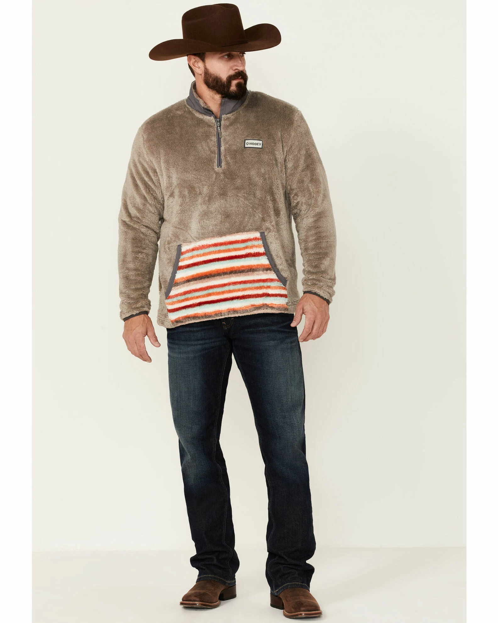 HOOey Men's Solid Brown Stripe Pocket 1/4 Zip Fleece Pullover - Big 4 HOOey Men's Solid Brown Stripe Pocket 1/4 Zip Fleece Pullover - Big - Image 2