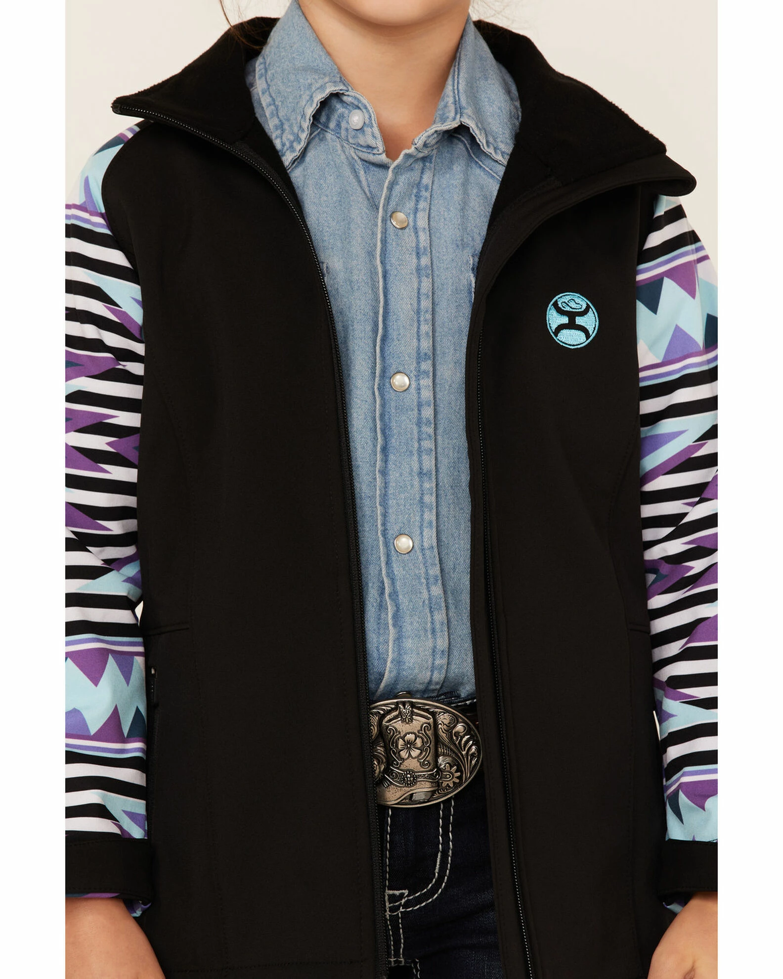 HOOey Girls' Southwestern Print Sleeve Zip-Front Softshell Jacket Black 5 HOOey Girls' Southwestern Print Sleeve Zip-Front Softshell Jacket Black - Image 3