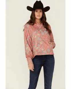 Hooey Women's Oversized Allover Floral Print Red Pullover Hoodie