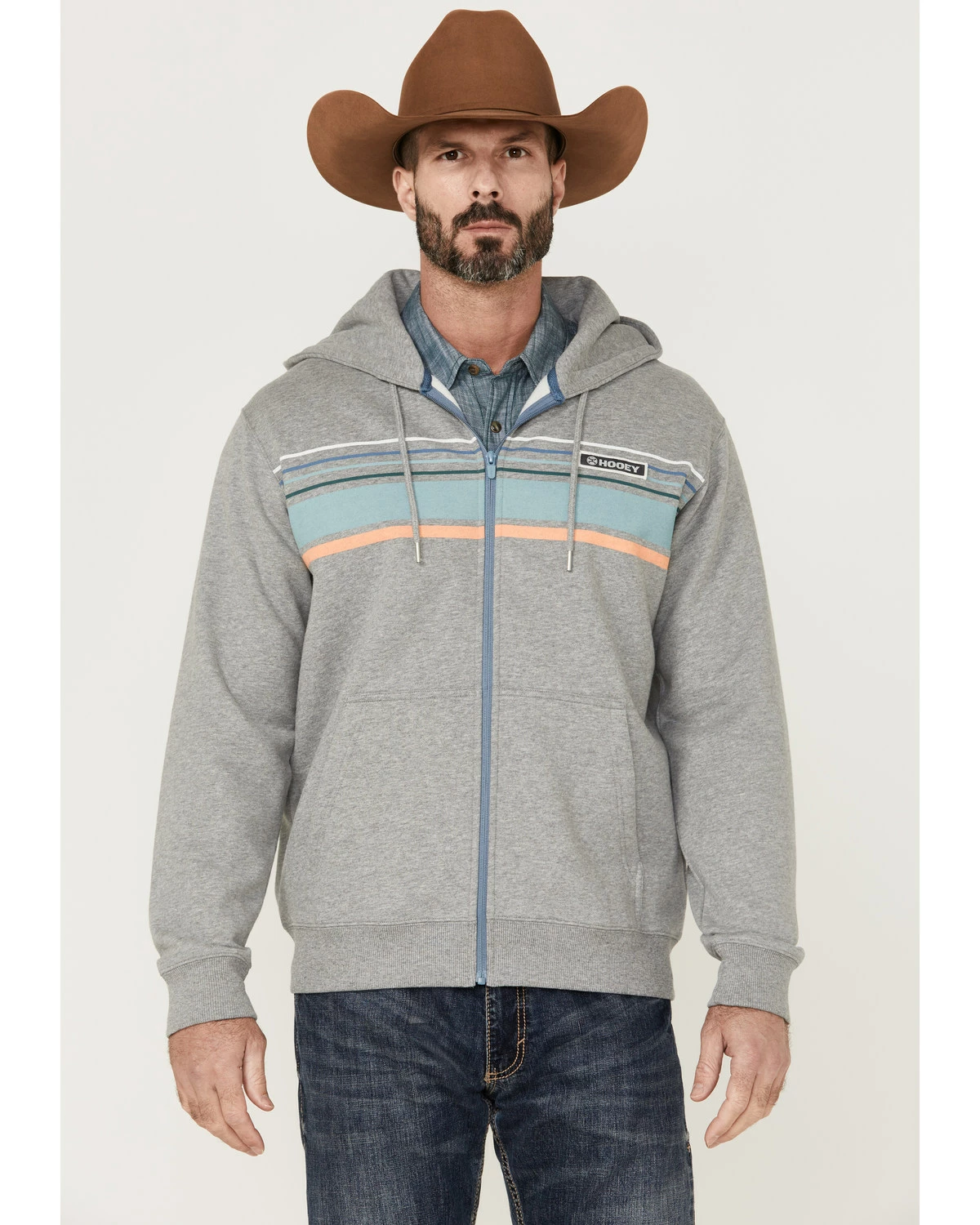 HOOey Men's Chest Stripe Light Grey Zip-Front Hooded Sweatshirt 7 HOOey Men's Chest Stripe Light Grey Zip-Front Hooded Sweatshirt - Image 5