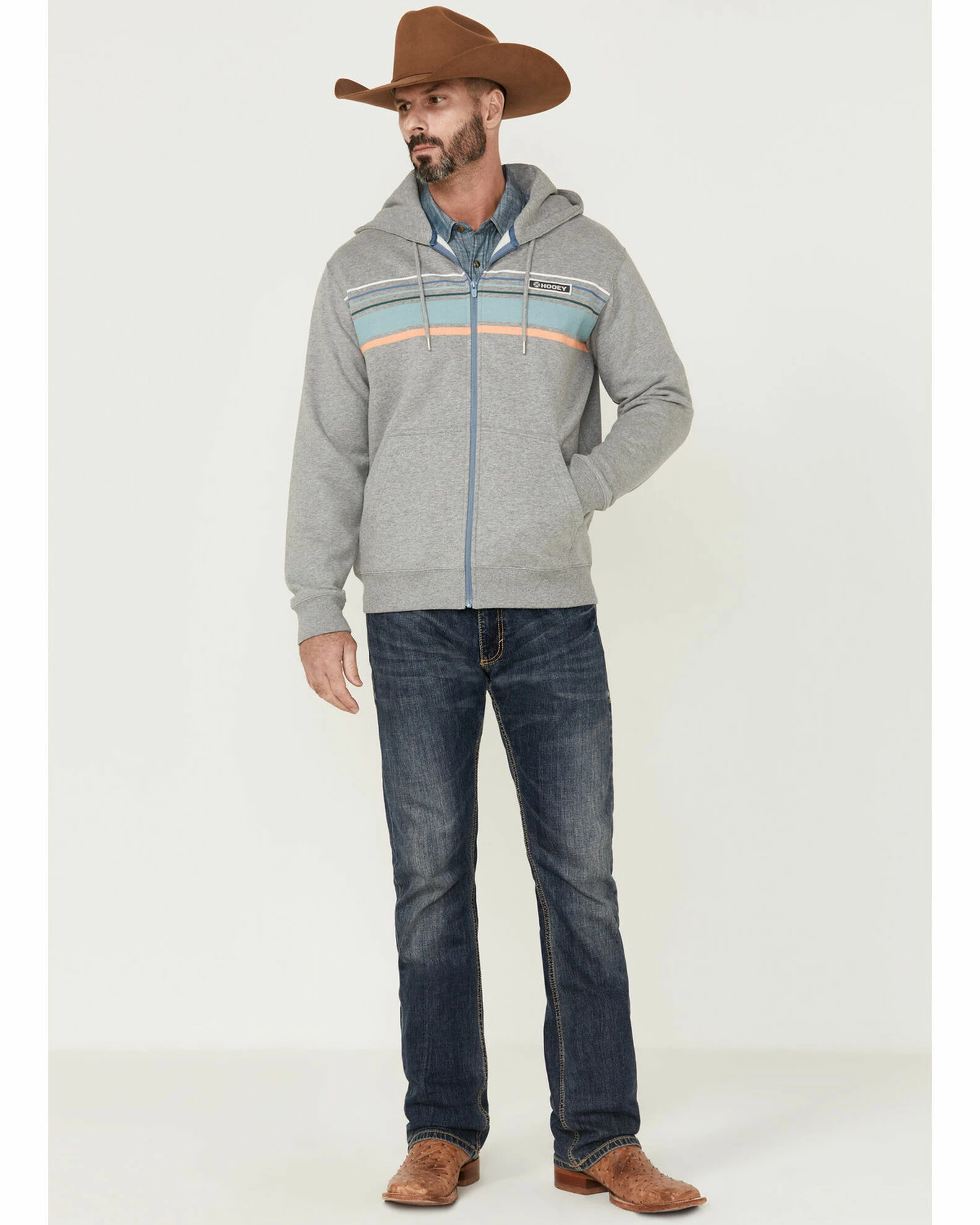 HOOey Men's Chest Stripe Light Grey Zip-Front Hooded Sweatshirt 4 HOOey Men's Chest Stripe Light Grey Zip-Front Hooded Sweatshirt - Image 2