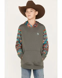 Hooey Boys' Southwestern Print Contrast Hooded Sweatshirt Green