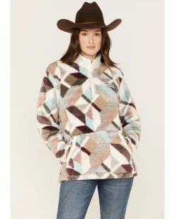 Hooey Women's Geo Print Quarter Zip Fleece Sweatshirt Cream