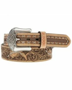 Hooey Men's Tan Feather Filigree Embossed Leather Belt
